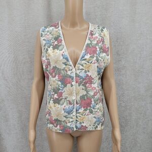 Cape Isle Knitters Vintage Floral Knit Button Up Vest Cottagecore Grandmacore